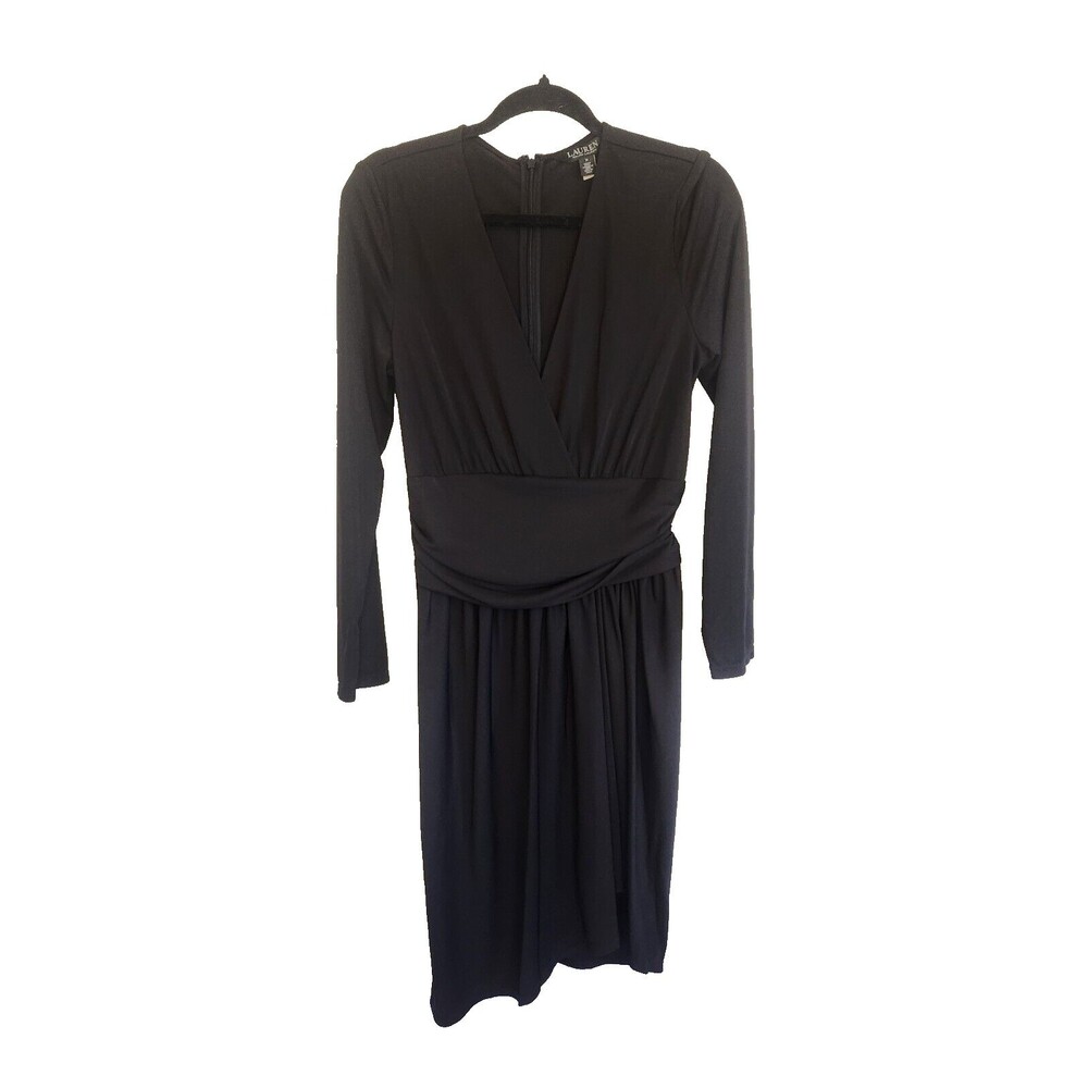 Lauren Ralph Lauren Womens Dress Ruched Stretch Jersey Surplice Sz 10 Black NWT - Picture 2 of 11